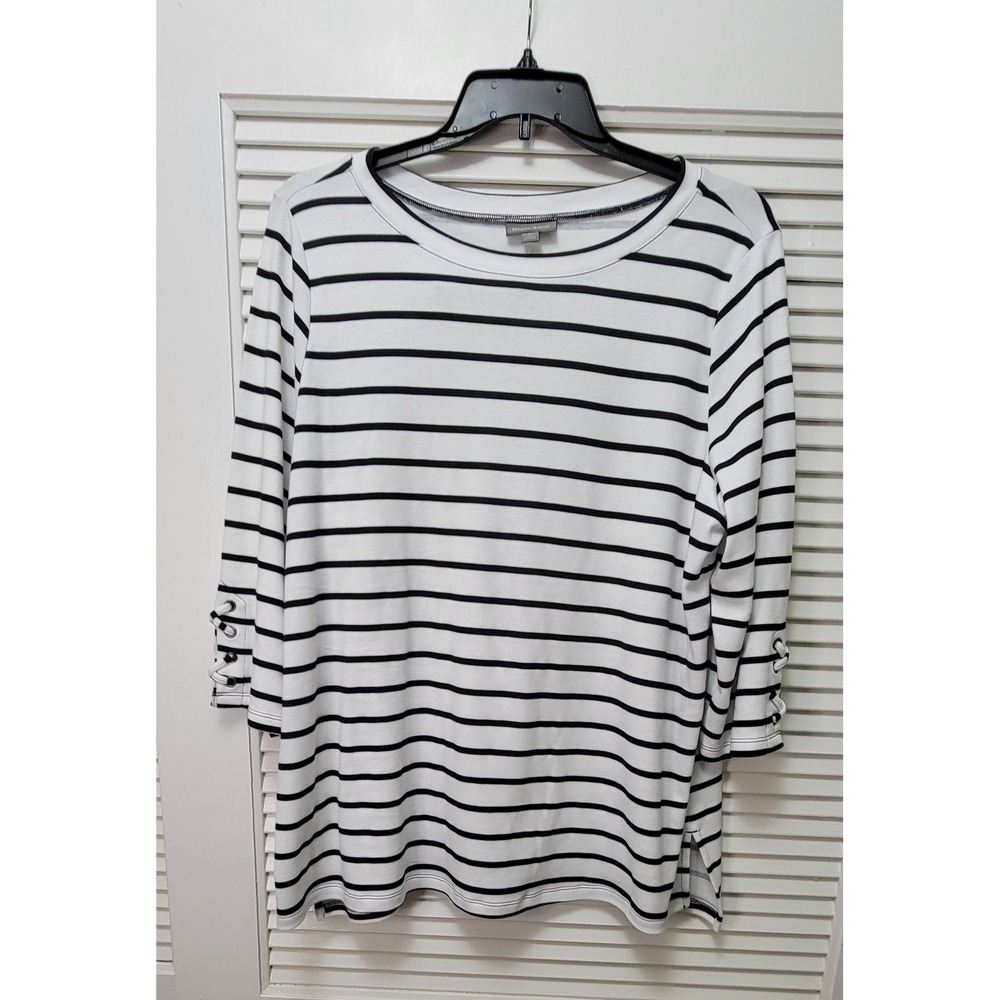 Navy Striped 3/4 Sleeve Lace Up Cuff Knit Top NEW Style & Co Womens 3X White